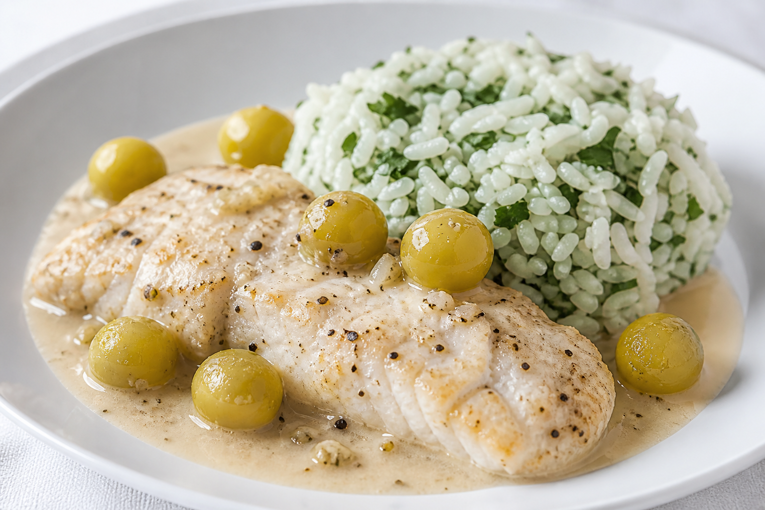 Pescado Dominicano al Coco Ligero con Quenepas y Arroz de Cilantro