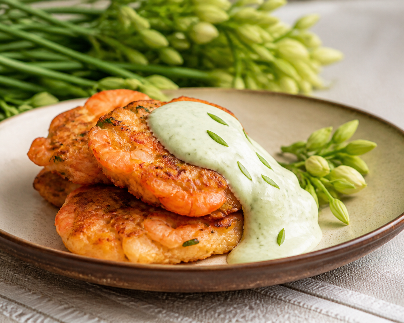 Salvadoran dried shrimp and potato fritters with loroco cream
