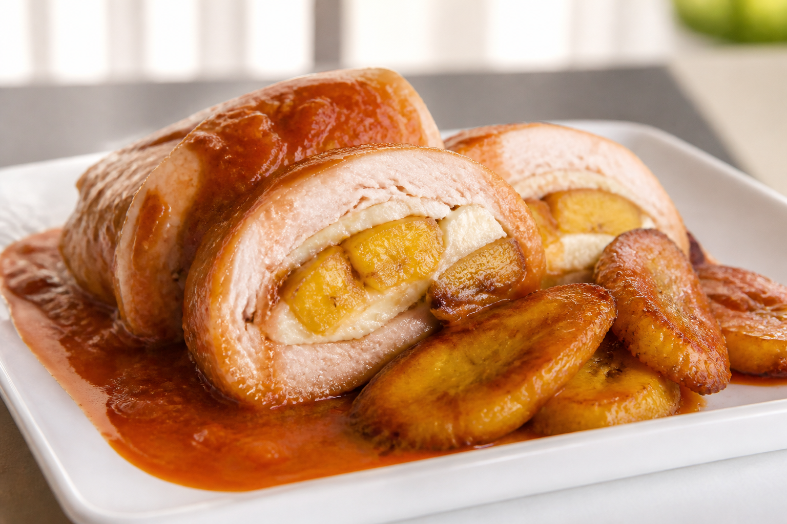 Puerto Rican Turkey Roll with Sweet Plantains and Queso Fresco in Guava Sofrito Sauce