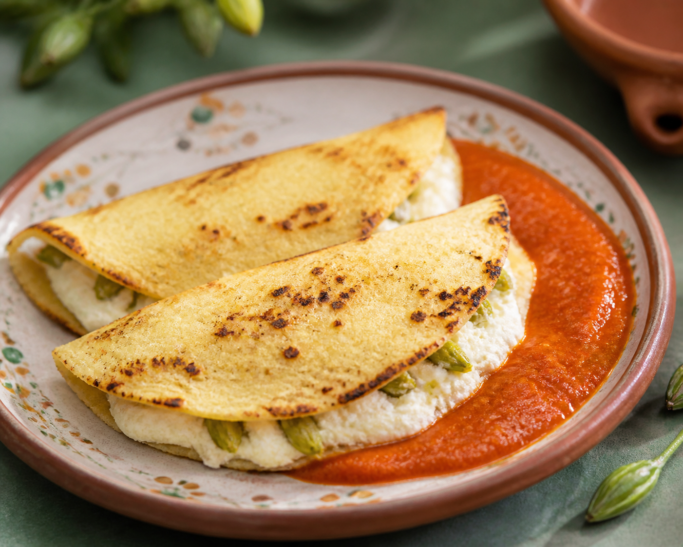 Salvadoran nixtamal corn turnovers with loroco, ricotta-style cheese, and creamy roasted tomato sauce