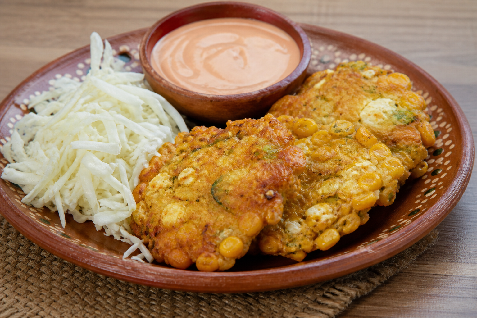 Salvadoran toasted corn and loroco fritters with jocote cream and fresh cabbage