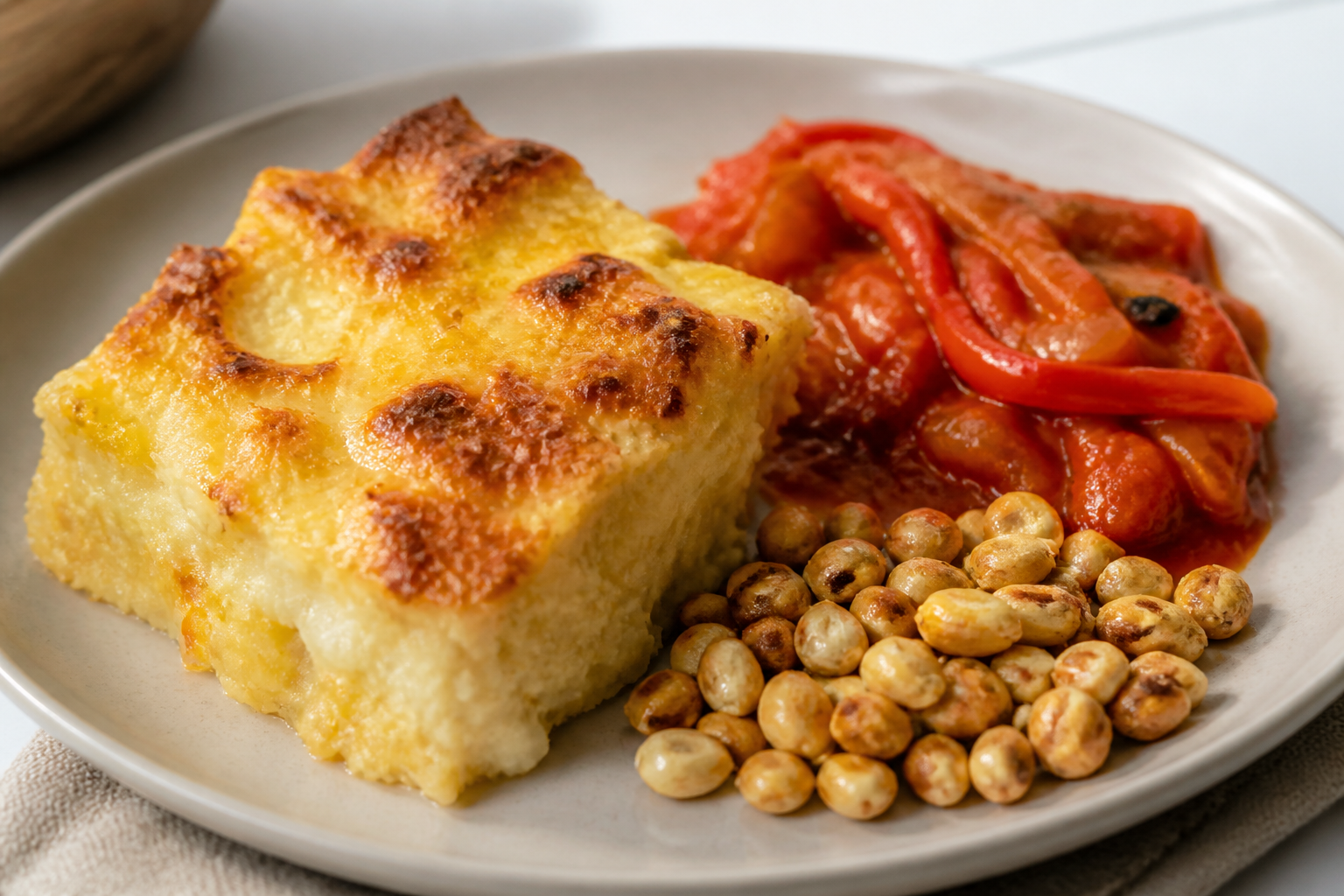 Pastel Andino de Yuca y Queso con Guiso de Ají Dulce y Maíz Tostado