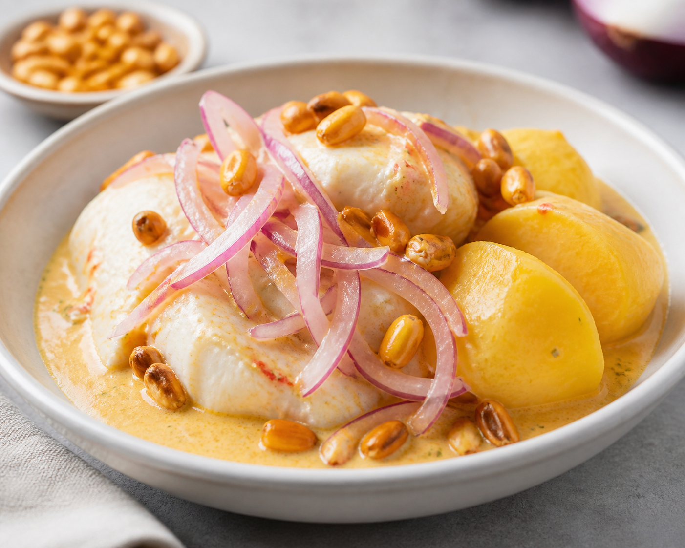 Creamy Peruvian Fish Stew with Roasted Corn and Yellow Potatoes