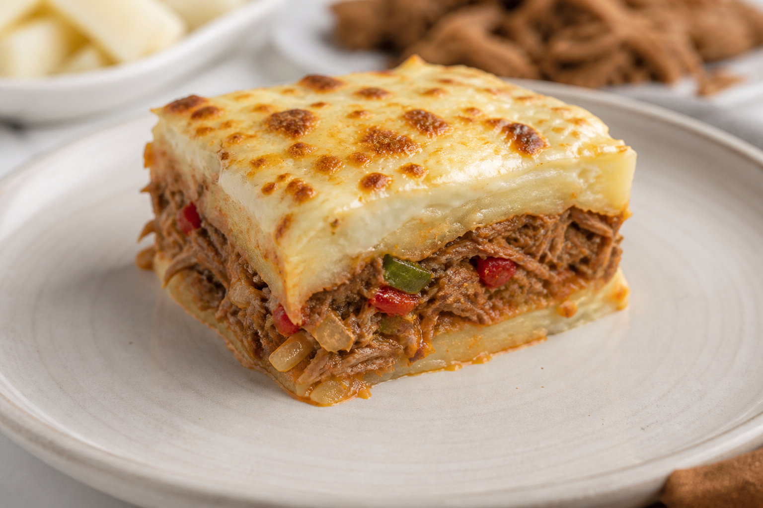 Pasticho Criollo de Yuca con Carne Mechada al Papelón y Bechamel de Queso Llanero