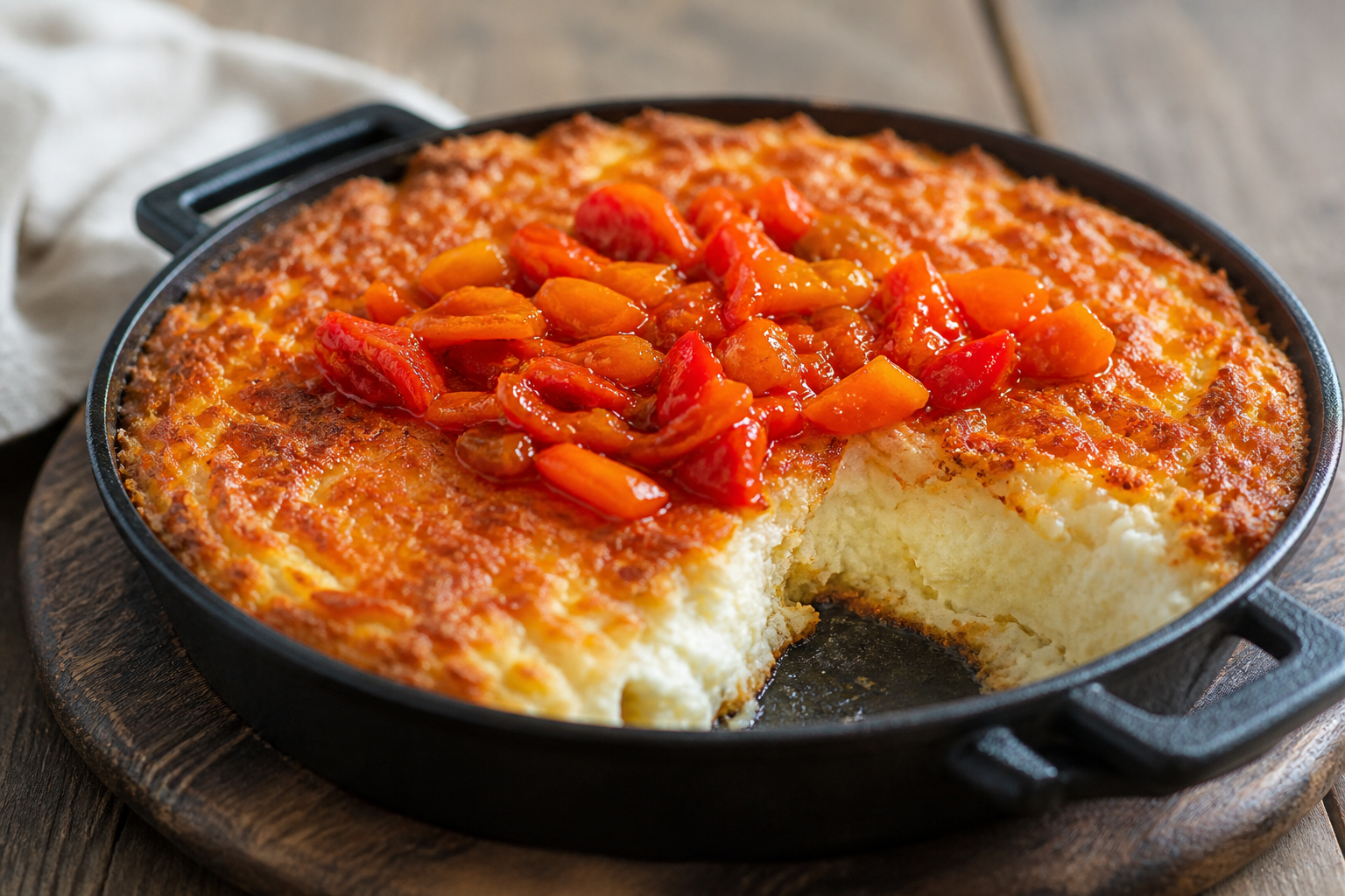 Pastel Criollo de Yuca y Chicharrón de Queso con Mojo de Ají Dulce