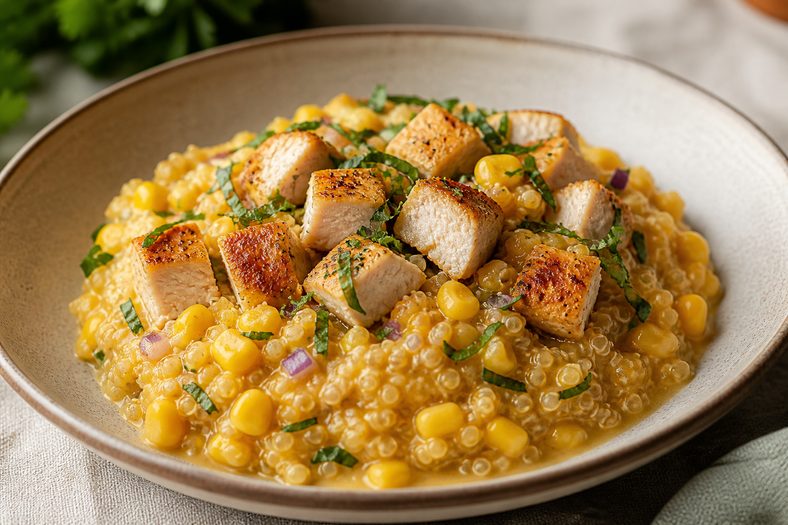 Peruvian Quinoa Risotto with Aji Amarillo, Seared Chicken, Corn and Huacatay