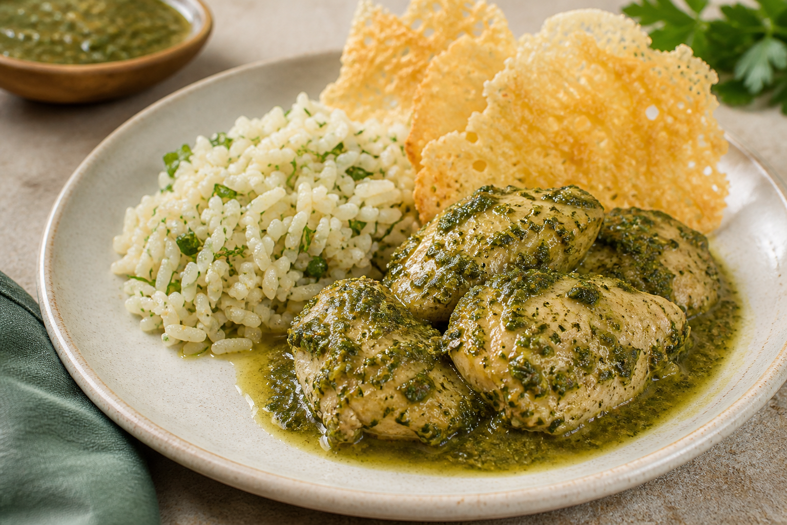 Perol Andino de Pollo al Huacatay con Arroz de Cebada y Tejas de Queso