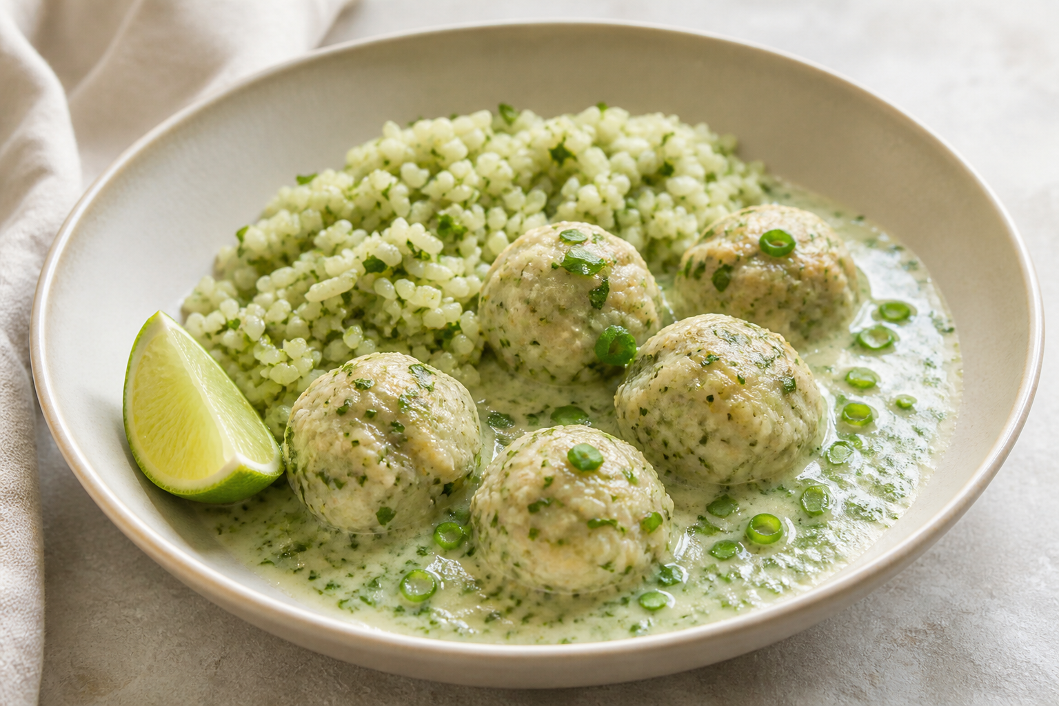 Albóndigas de Pescado en Guiso de Coco y Cilantro con Arroz de Plátano Verde