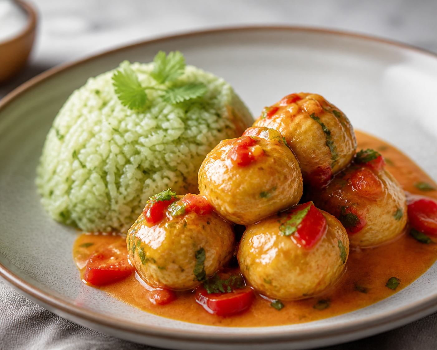 Fish Meatballs in Coconut and Sweet Pepper Sauce with Green Coconut Rice
