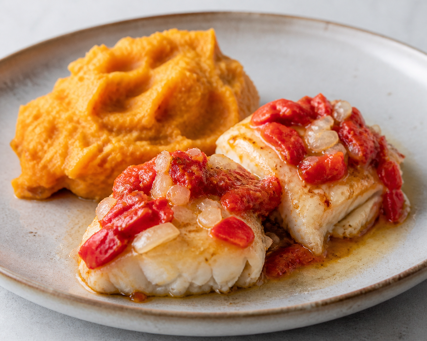 Bacalao Cubano al Sofrito de Pimientos Asados con Boniato Machacado al Ajo