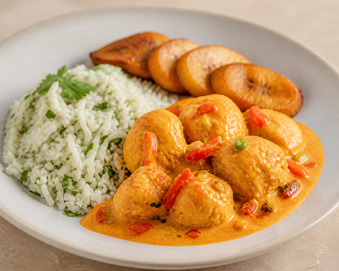 Albóndigas de Pescado en Guiso de Coco y Ají Dulce con Arroz de Cilantro y Plátano Pintón