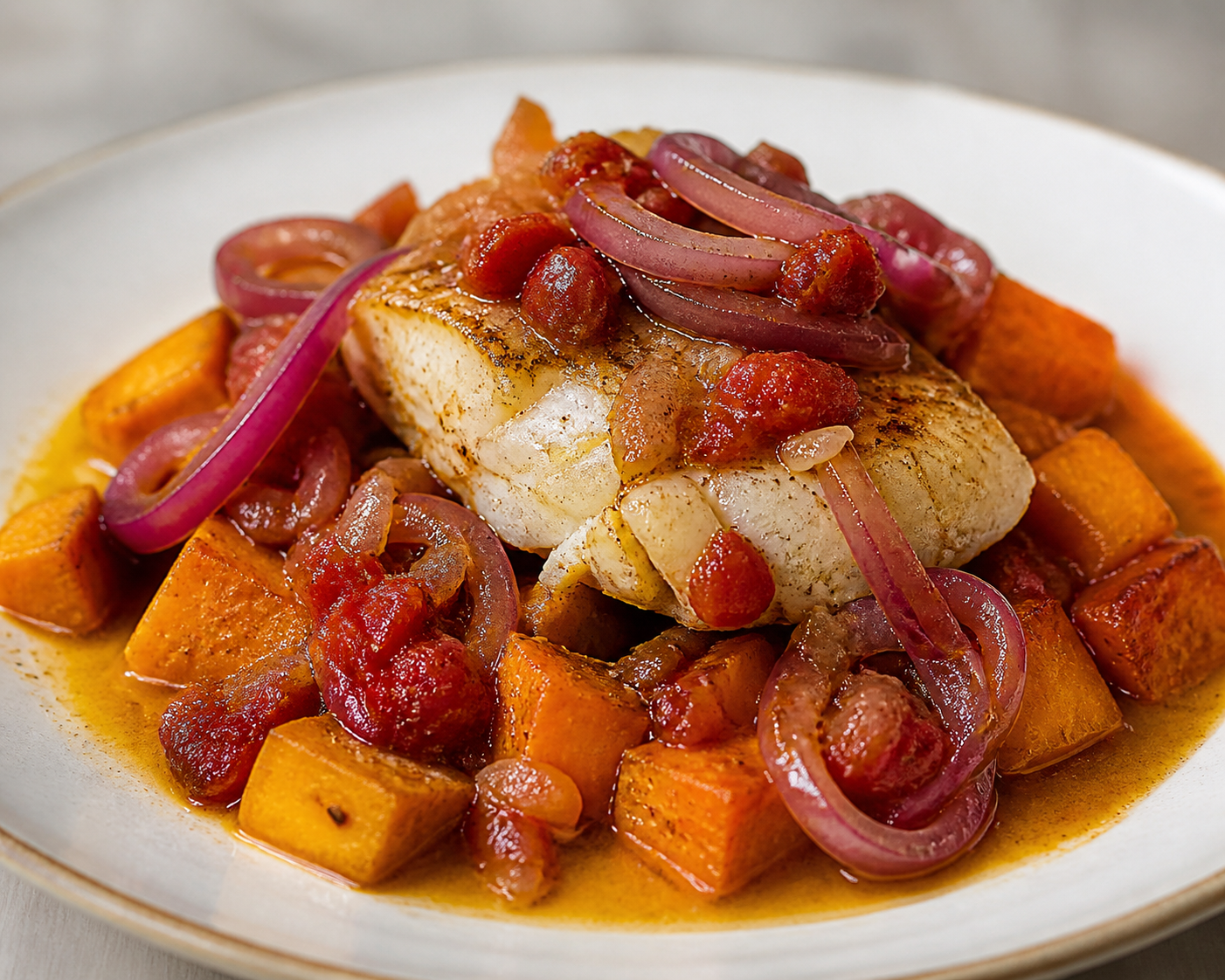 Bacalao Criollo Cubano con Boniato al Comino y Cebolla Escarchada de Lima