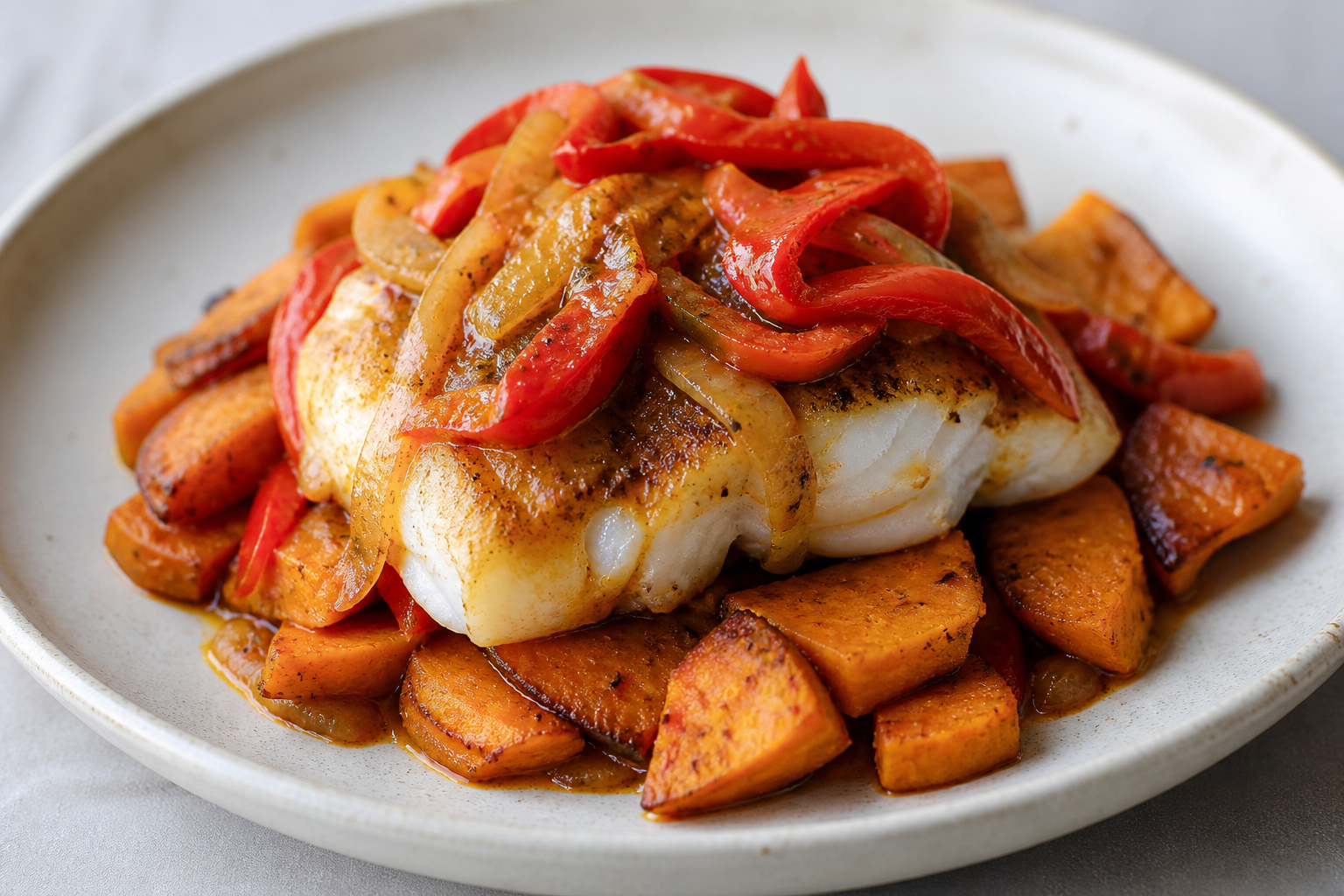 Cuban-Style Cod with Cumin Sweet Potato and Warm Pepper Mojo