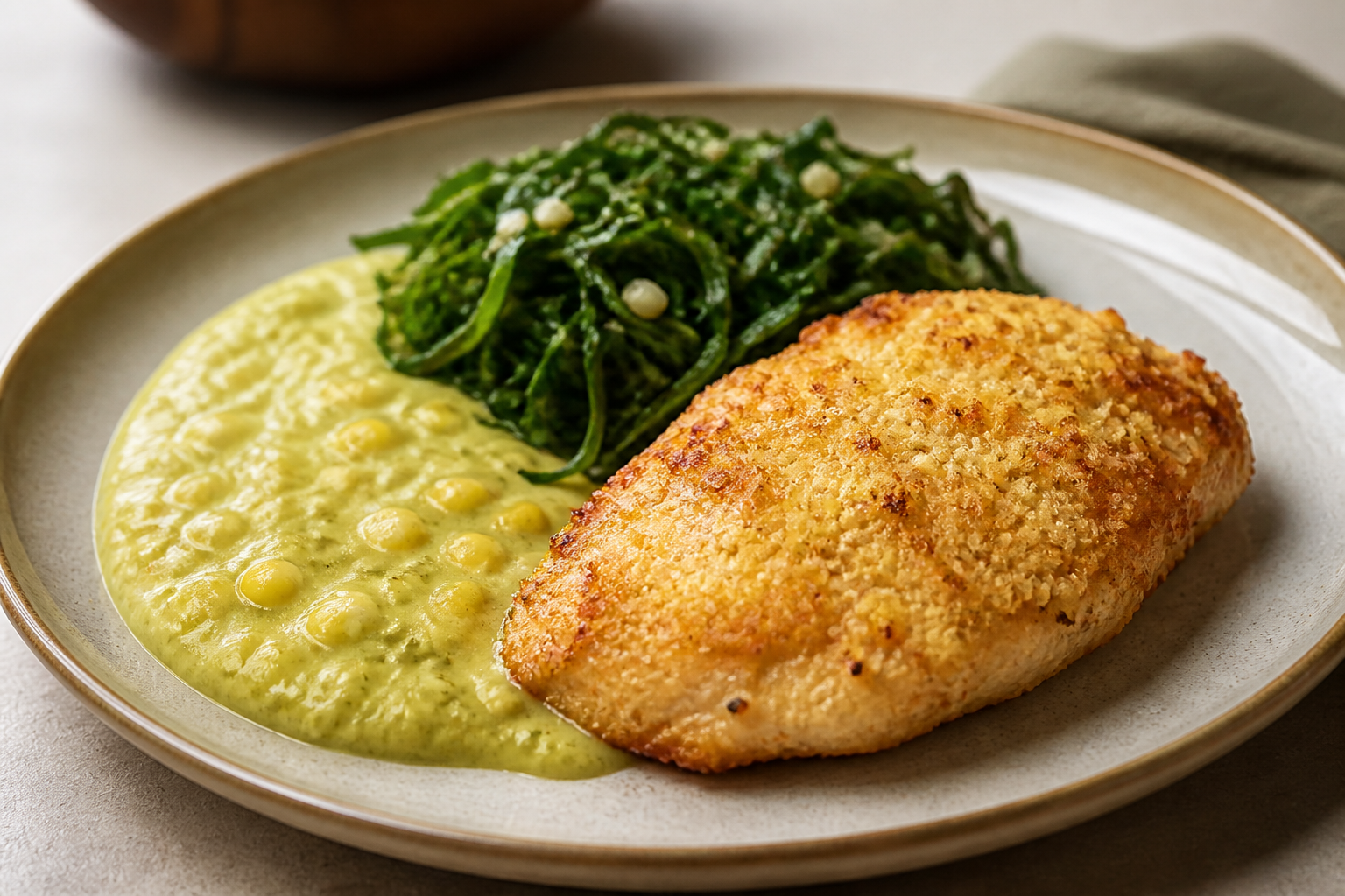 Brazilian Chicken with Tapioca-Coconut Crust, Green Corn Sauce and Warm Collard Salad