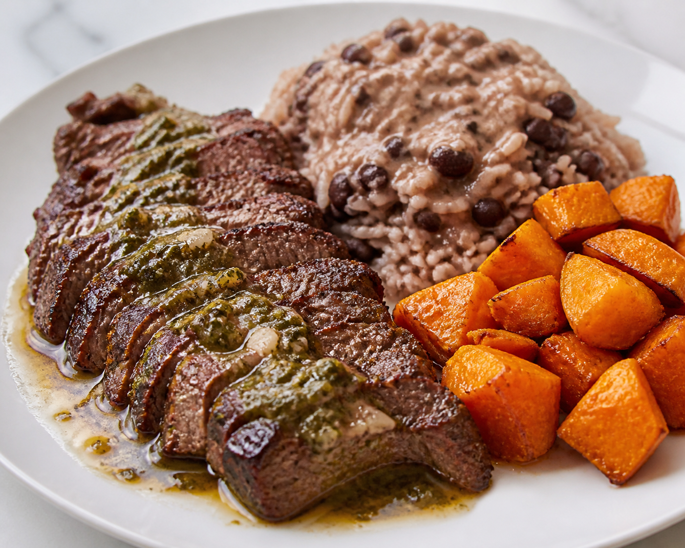 Tasajo Criollo de Res con Mojo de Caña, Congrí Cremoso y Calabaza Asada