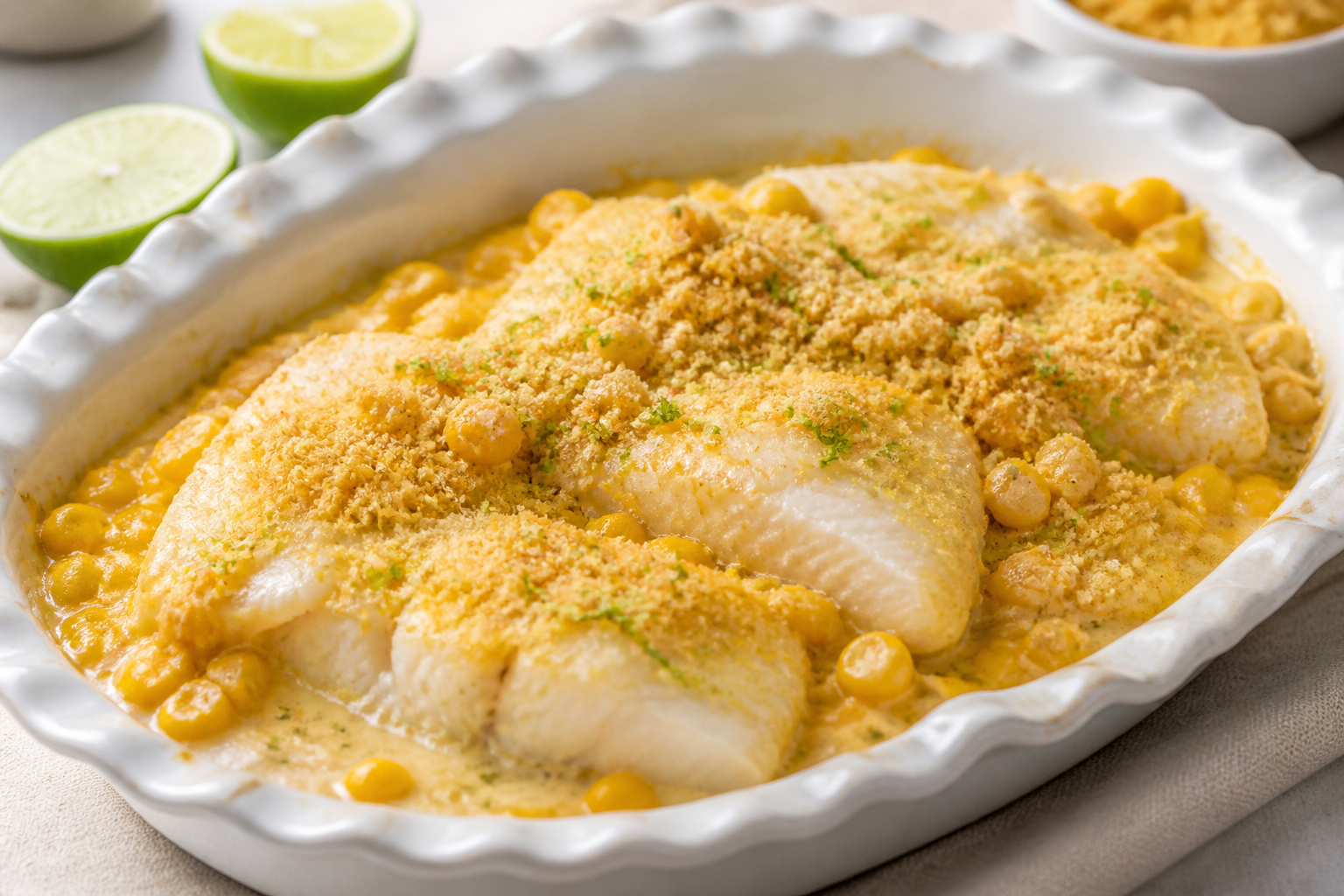 Cazuela Brasileña de Pescado con Leche de Coco, Maíz Tierno y Farofa de Lima