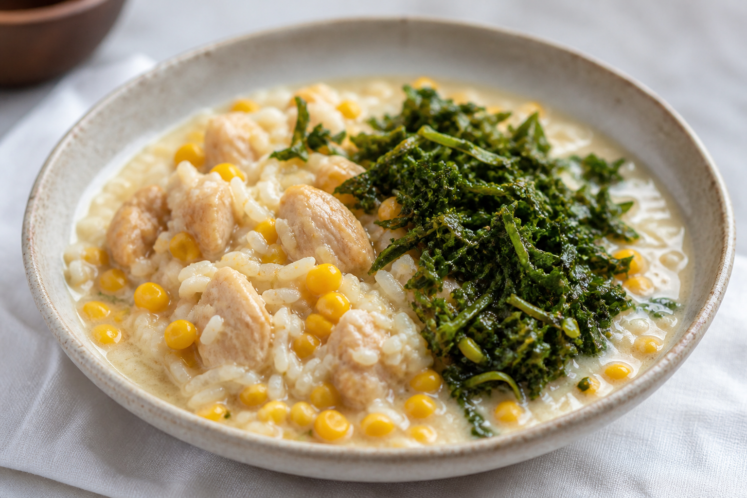 Brazilian Brothy Chicken Rice with Toasted Corn, Coconut Milk and Crispy Collards