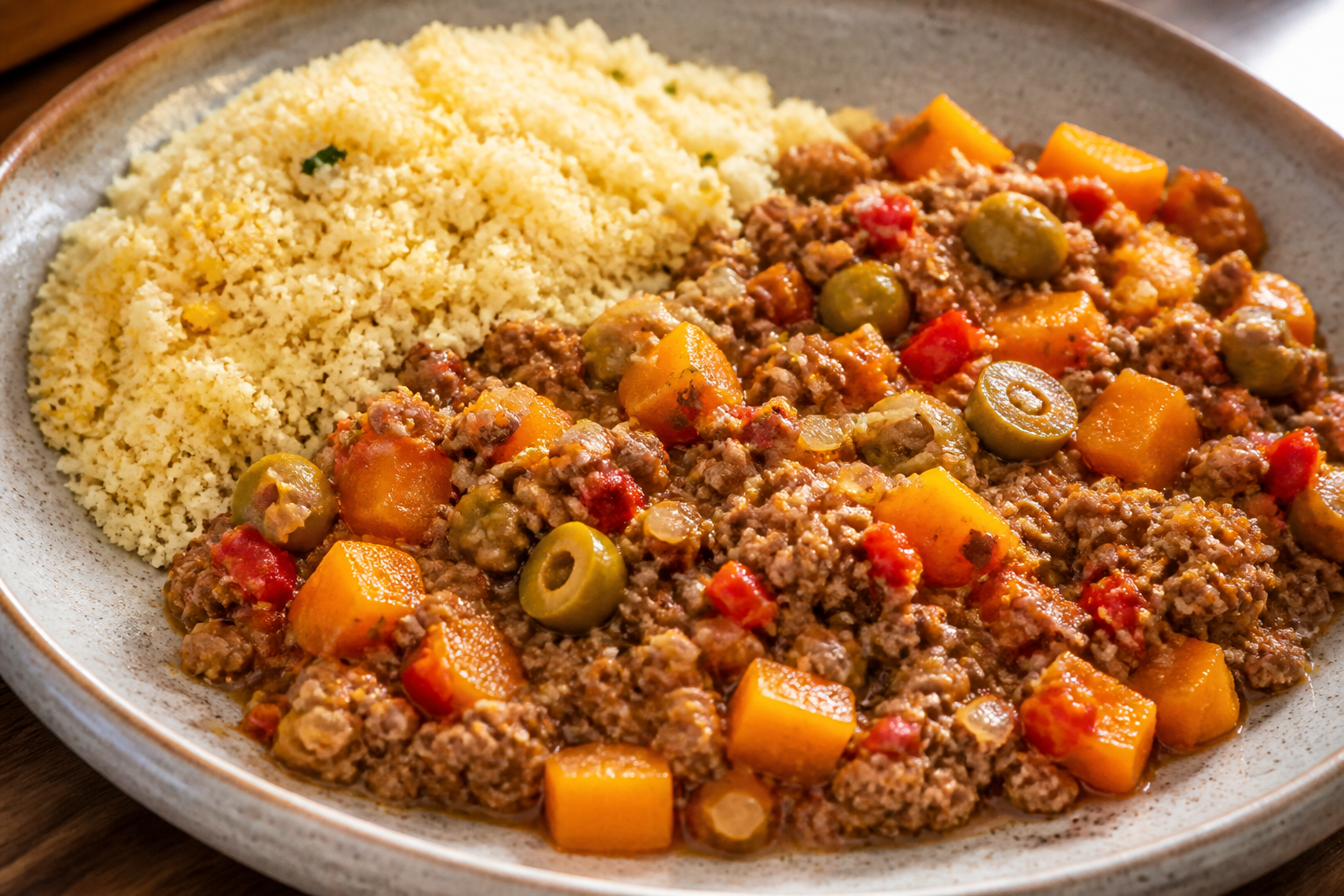 Picadillo Brasileño de Res con Calabaza, Aceitunas y Farofa de Mandioca Cítrica