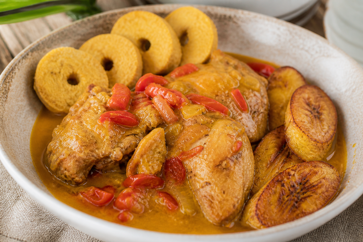 Pollo Catracho en Salsa de Rosquillas de Maíz y Chile Dulce con Plátano Verde Asado