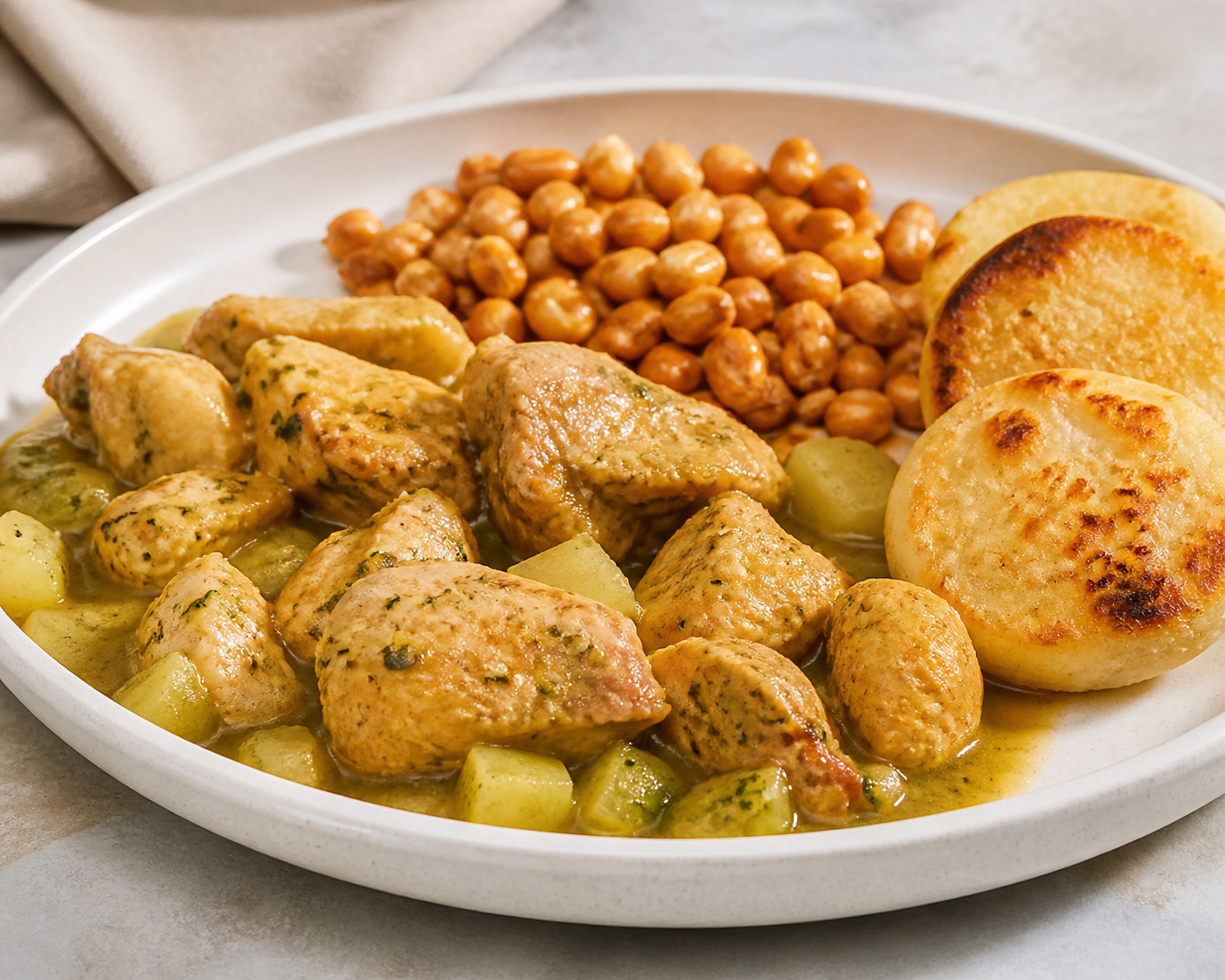 Honduran Chicken in Tender Squash and Cilantro Sauce with Crispy Corn and Quesillo Cakes