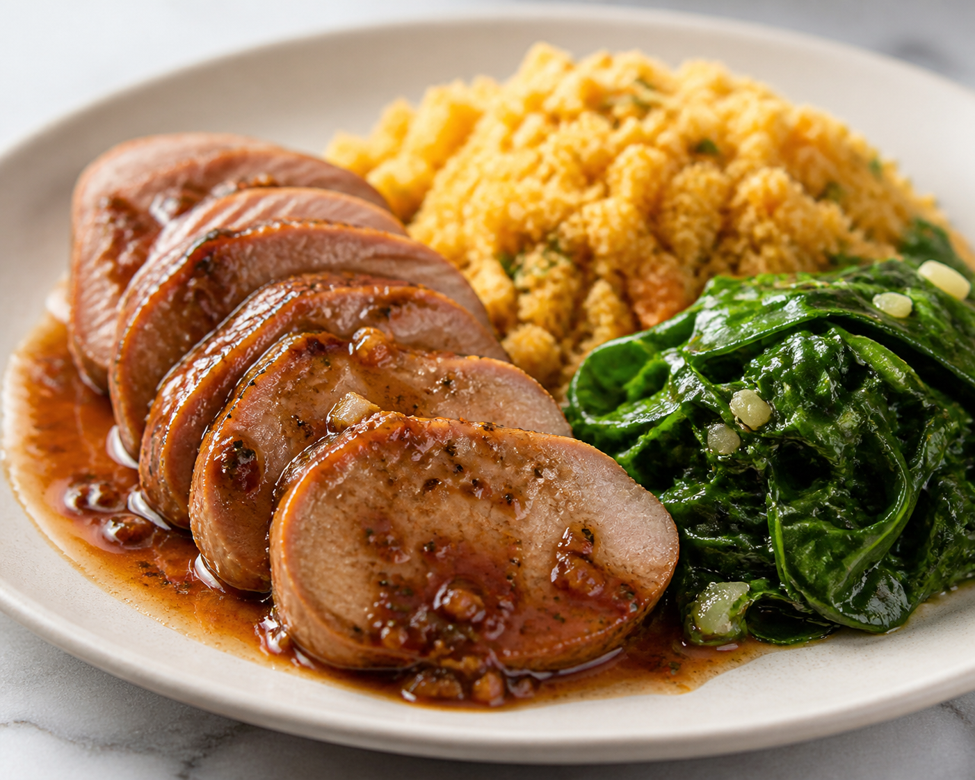 Brazilian Pork Tenderloin in Tamarind-Cachaça Sauce with Corn Farofa and Buttered Collards