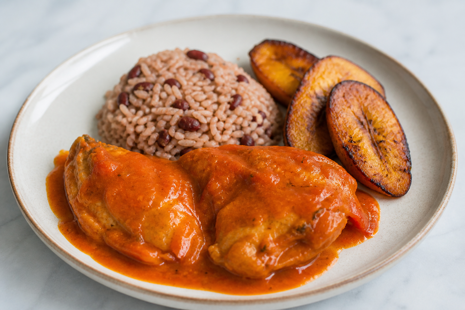 Honduran Chicken in Rosquilla and Sweet Pepper Sauce with Red Bean Rice and Seared Plantain