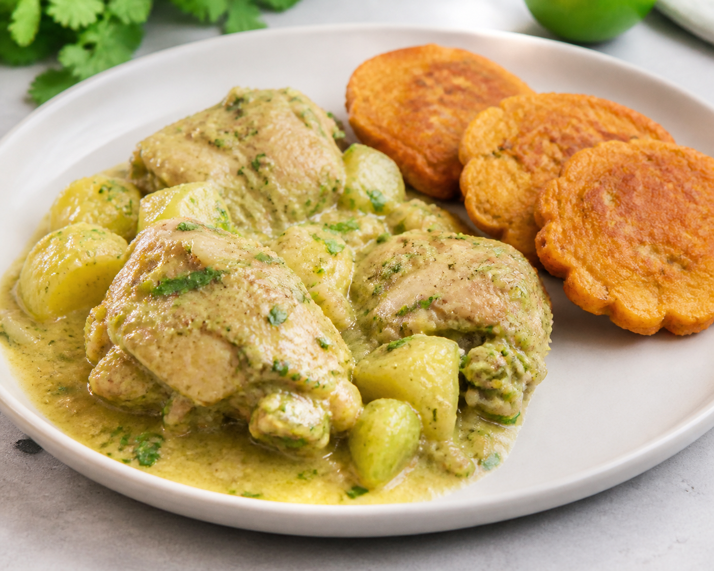 Honduran Chicken in Tender Chayote-Cilantro Sauce with Green Plantain Cakes