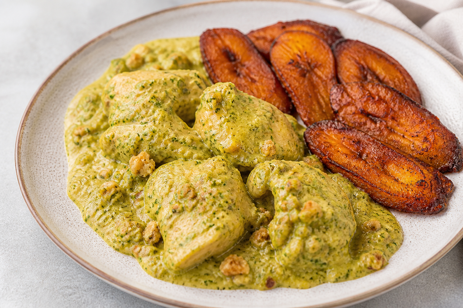 Pollo Catracho en Salsa de Rosquillas de Maíz y Culantro con Plátano Maduro Asado