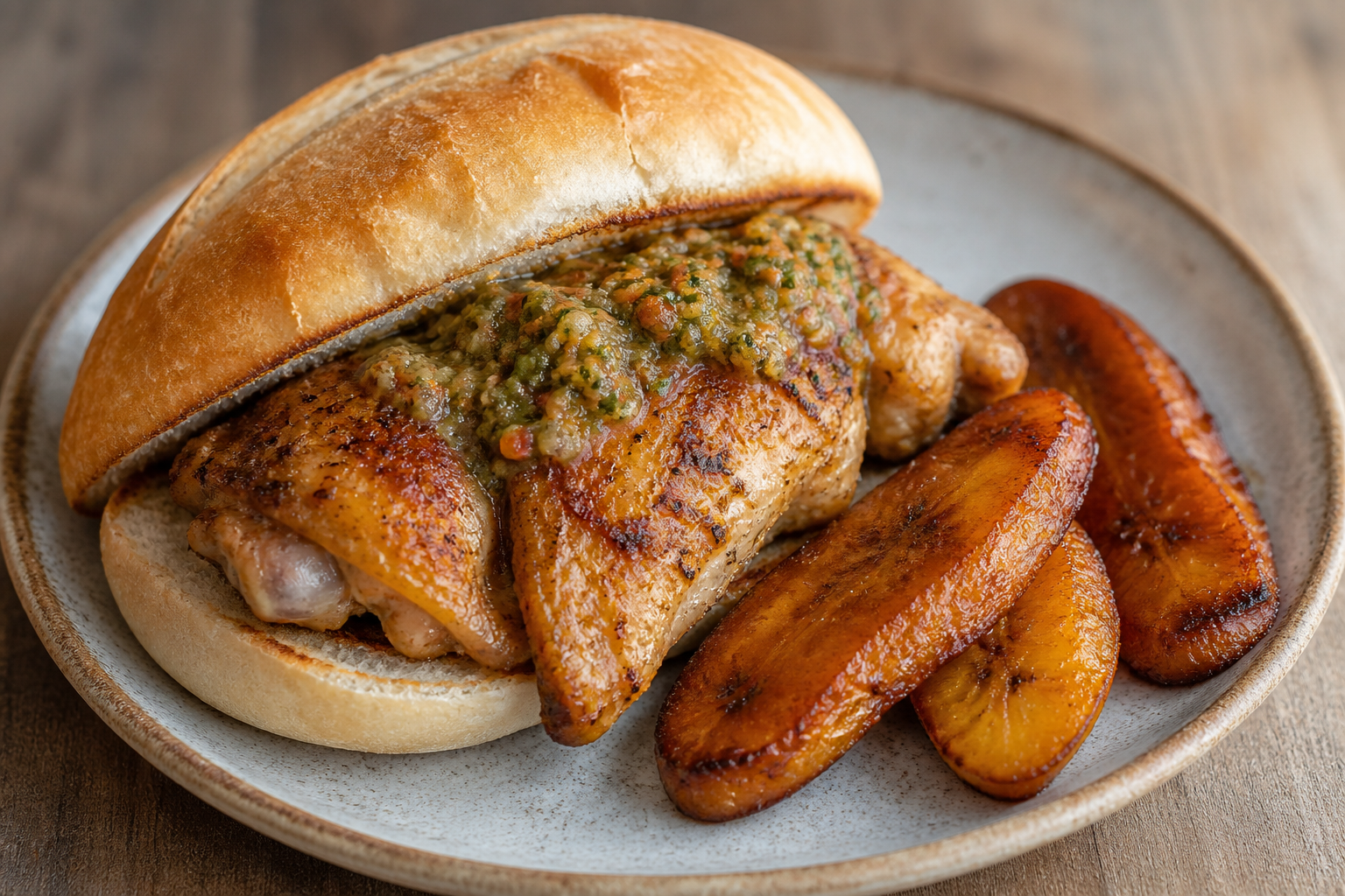 Honduran Chicken in Semita Bread, Roasted Tomato and Cilantro Sauce with Seared Sweet Plantain
