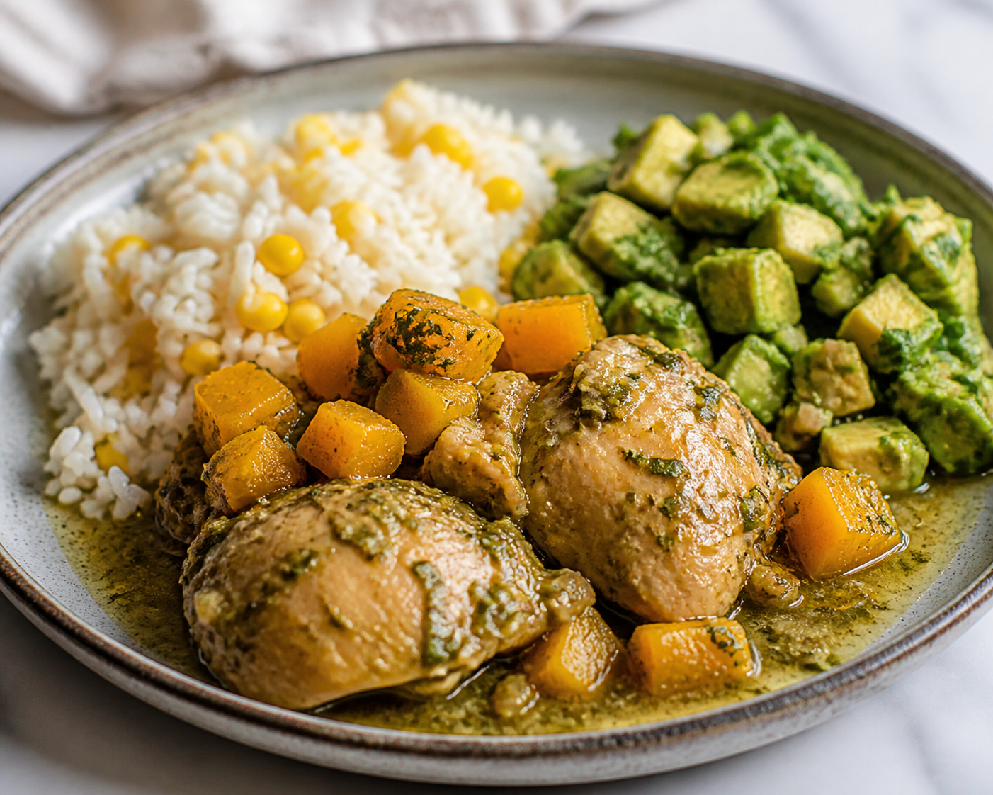 Pollo hondureño en salsa de ayote tostado y culantro con arroz de maíz y chimol de aguacate