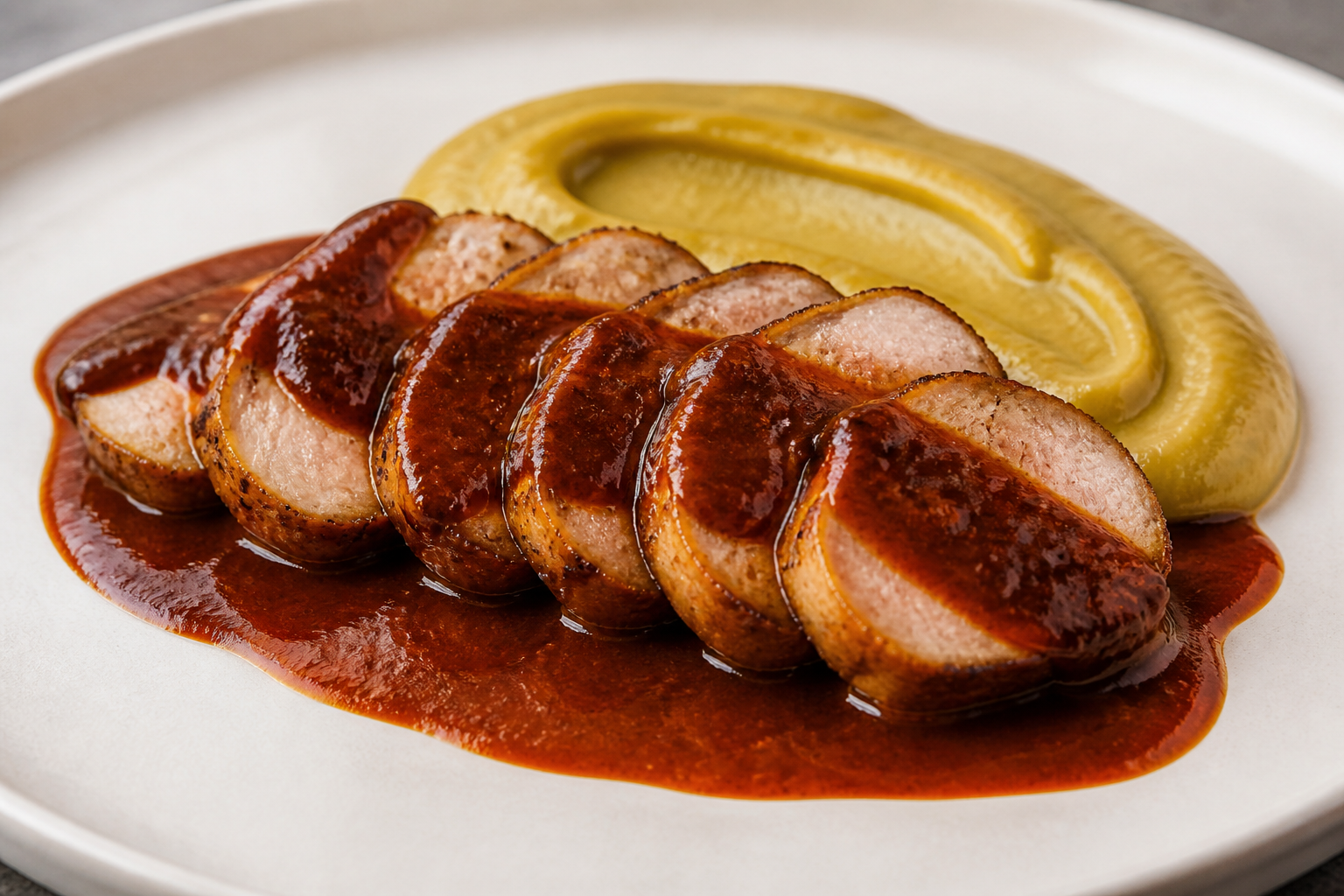 Cerdo Criollo en Salsa de Tamarillo y Cacao con Puré de Verde Ahumado