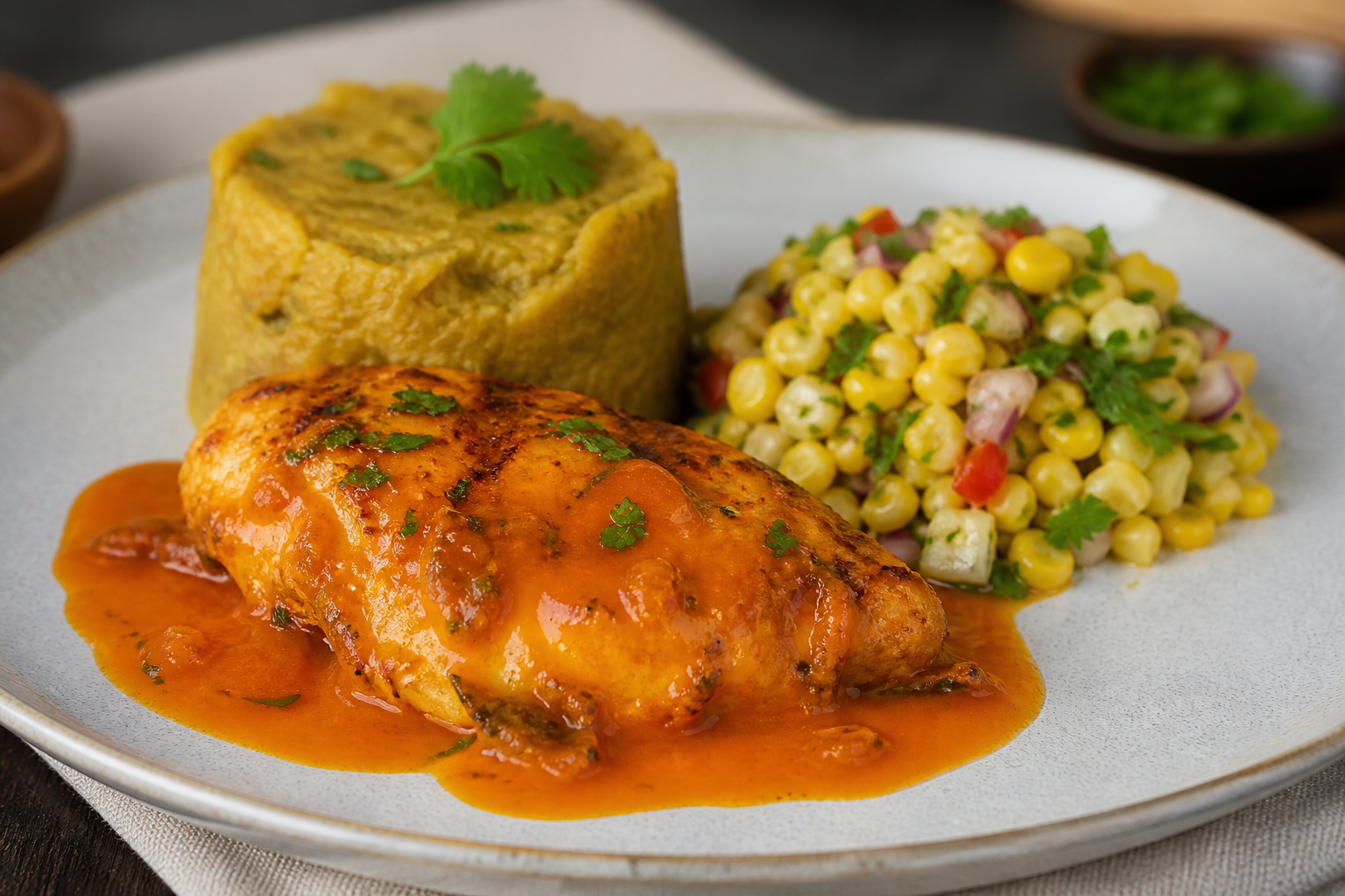 Pechuga de Pollo al Tamarillo y Achiote con Puré de Verde Asado y Ensalada Tibia de Choclo