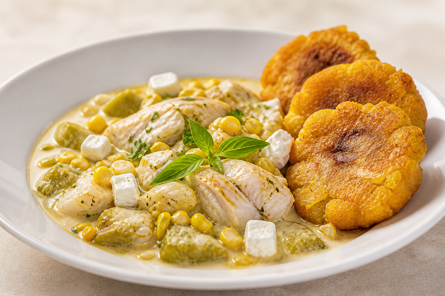 Criollo Corvina Stew with Sweet Corn, Lemon Verbena, and Golden Green Plantain Patties