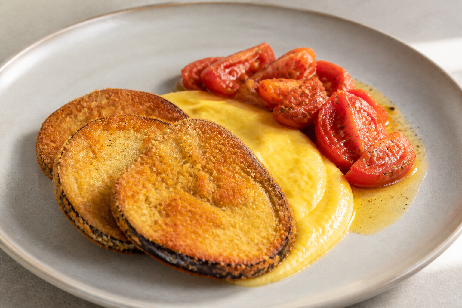 Smoky Eggplant Milanesitas with Warm Corn Cream and Provençal Tomato