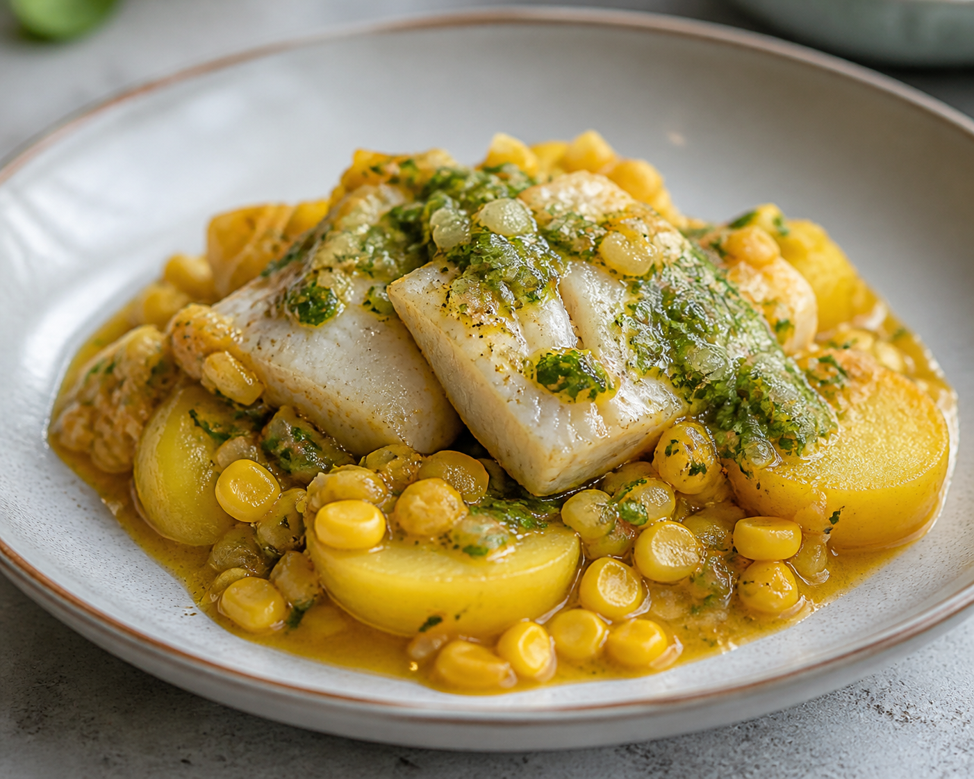 Chilean Hake Cazuelita with Saffron Potatoes, Corn and Green Pebre