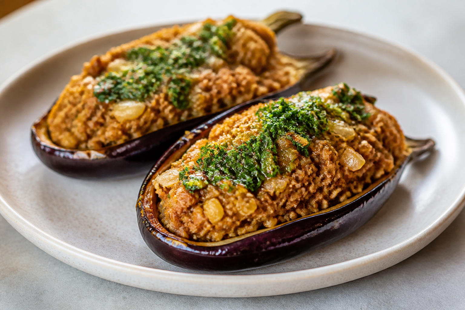 Eggplants Stuffed with Turkey Pino, Creamy Wheat Berries and Parsley Pebre