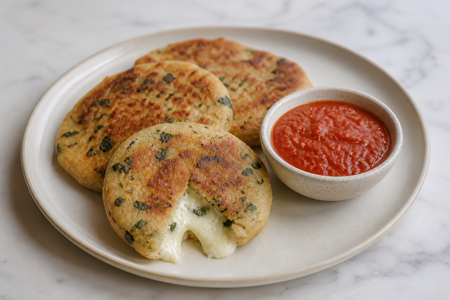 Crispy Rice and Chipilín Pupusas with Fresh Cheese and Roasted Garlic Tomato Sauce