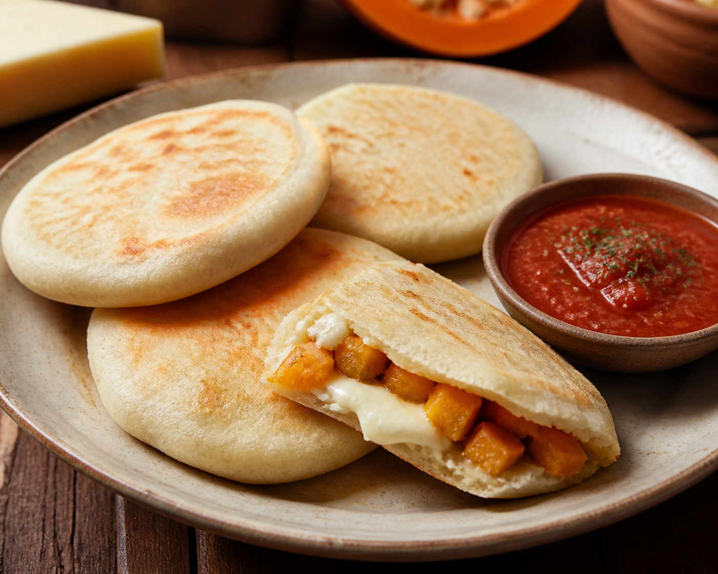Rice Pupusas with Roasted Squash, Quesillo, and Oregano Tomato Sauce