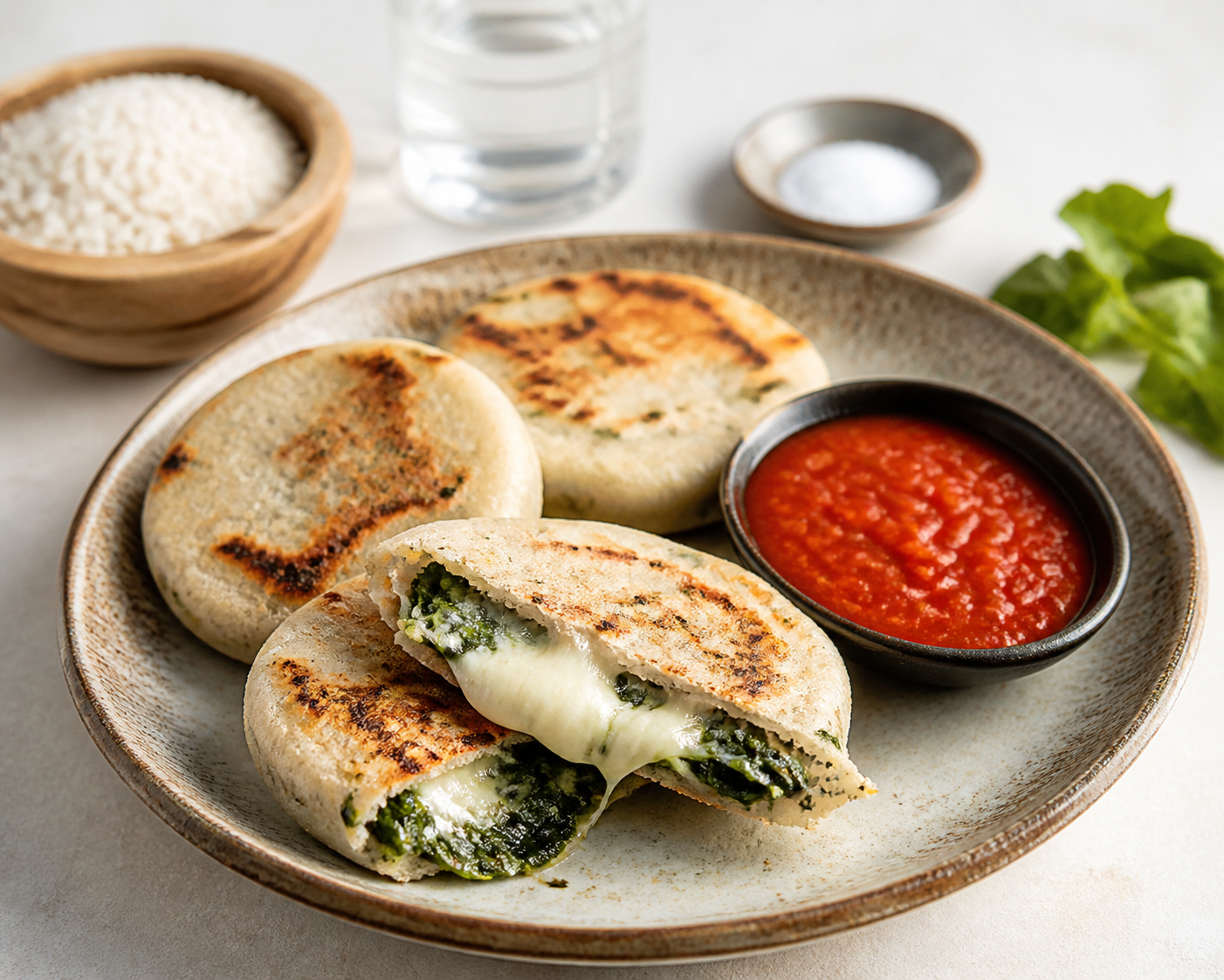 Rice Pupusas with Chipilín and Smoked Cheese, with Guaco Chili Tomato Sauce
