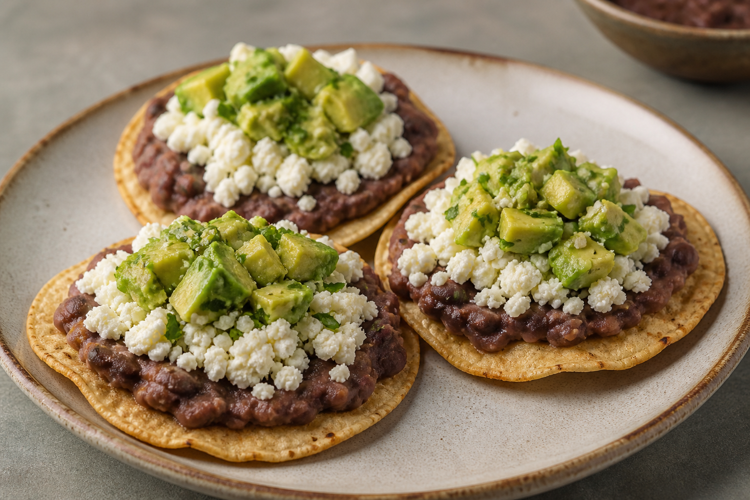 Salvadoran corn and red bean tostaditas with queso duro blando and avocado chimol