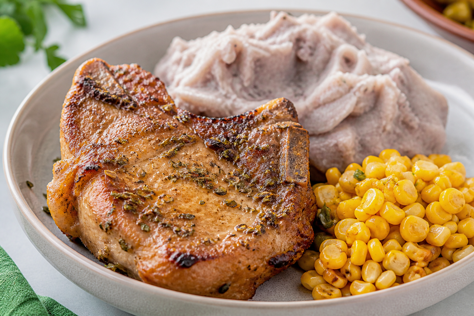 Dominican Oregano-Lime Pork Chops with Mashed Taro and Sautéed Corn