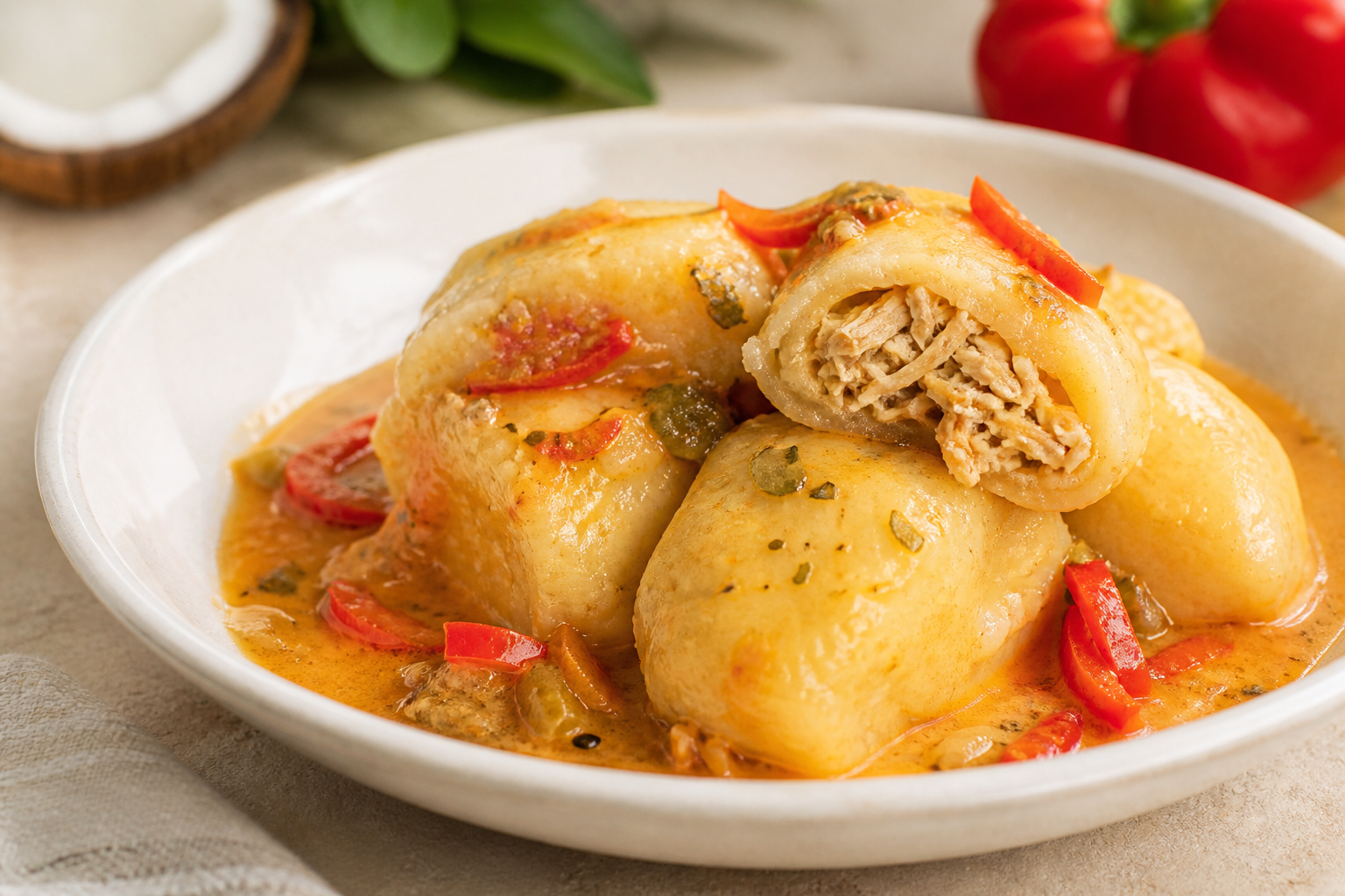Dominican Yuca Dumplings Stuffed with Oregano Chicken and Sweet Pepper Coconut Sauce