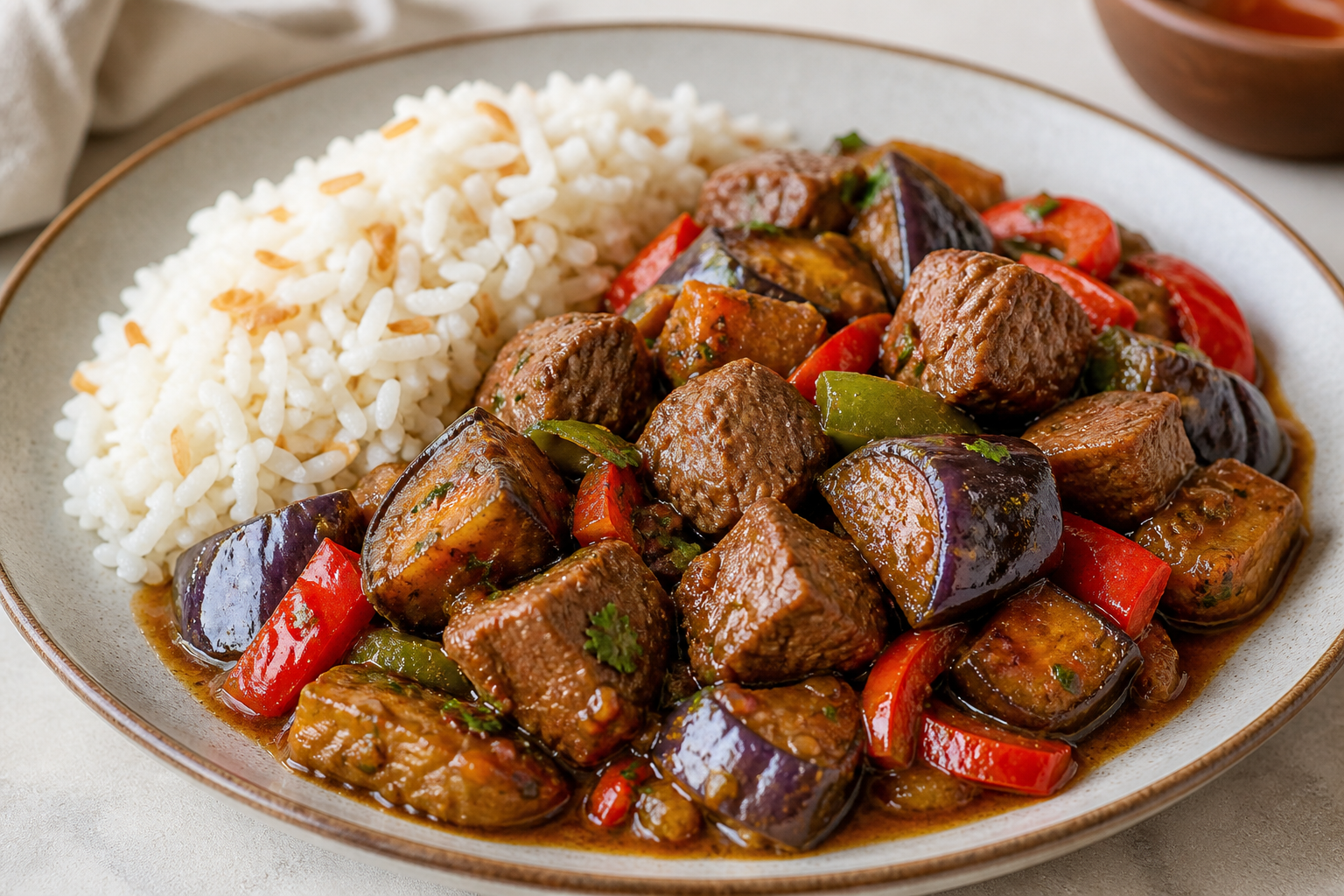 Dominican Braised Beef with Smoky Eggplant, Sweet Peppers, and Savory Coconut Rice