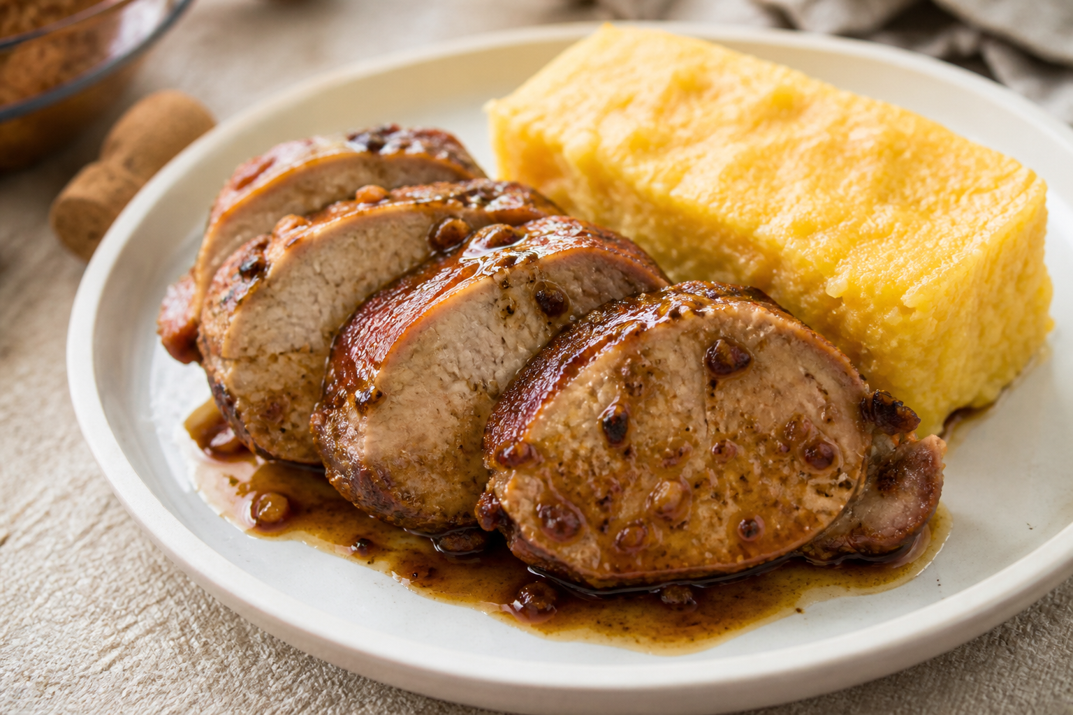 Dominican Pork Loin with Coffee-Orange Pilón Marinade and Soft Corn Funche