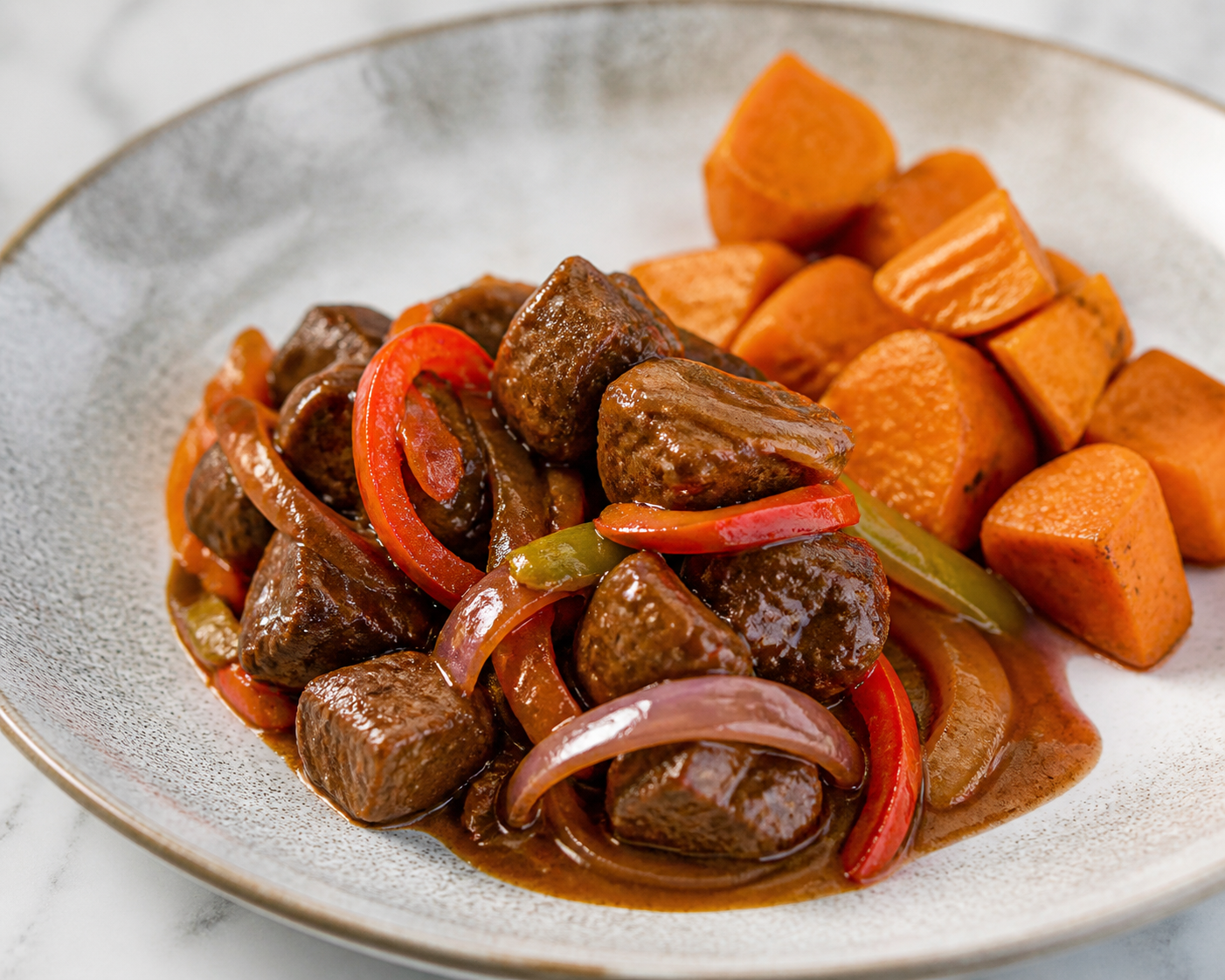 Dominican Braised Beef with Coffee, Sweet Peppers, and Oregano Roasted Sweet Potato