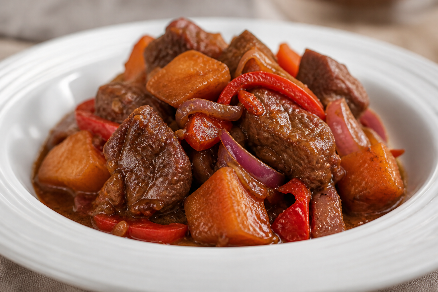 Dominican Coffee and Sour Orange Braised Beef with Golden Sweet Potato and Sweet Peppers