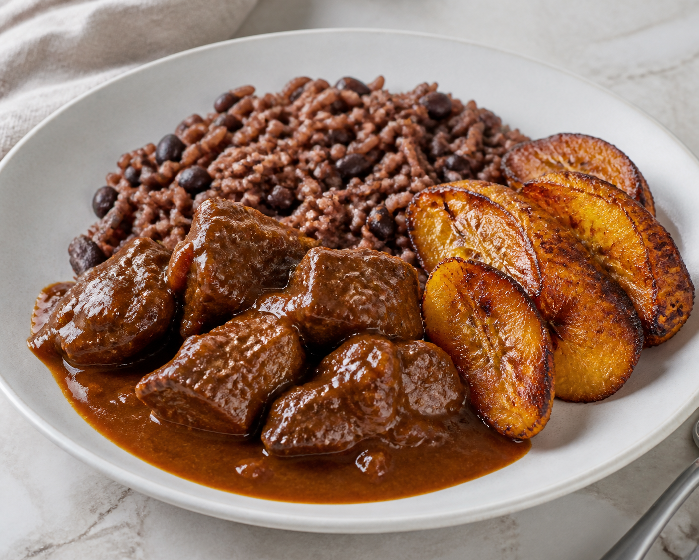 Dominican Braised Beef in Smoked Guava Sauce with Black Bean Moro and Seared Sweet Plantain