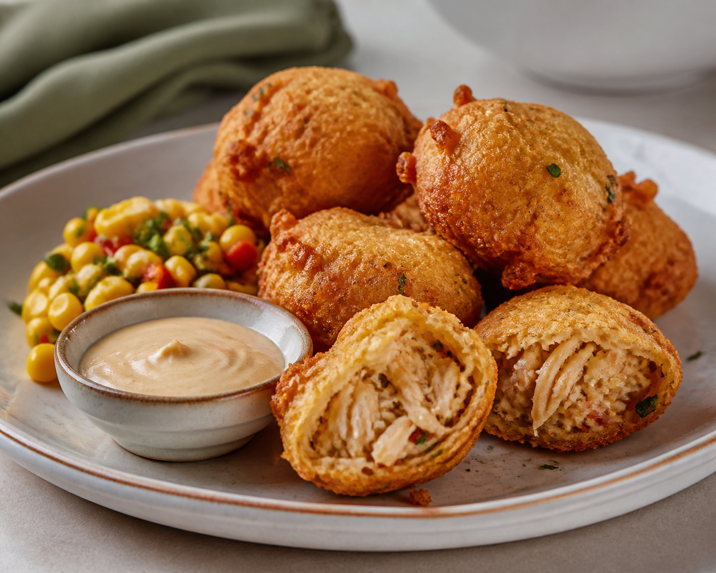 Crab-Stuffed Bacalaito Fritters with Roasted Garlic Aioli and Warm Corn Salad
