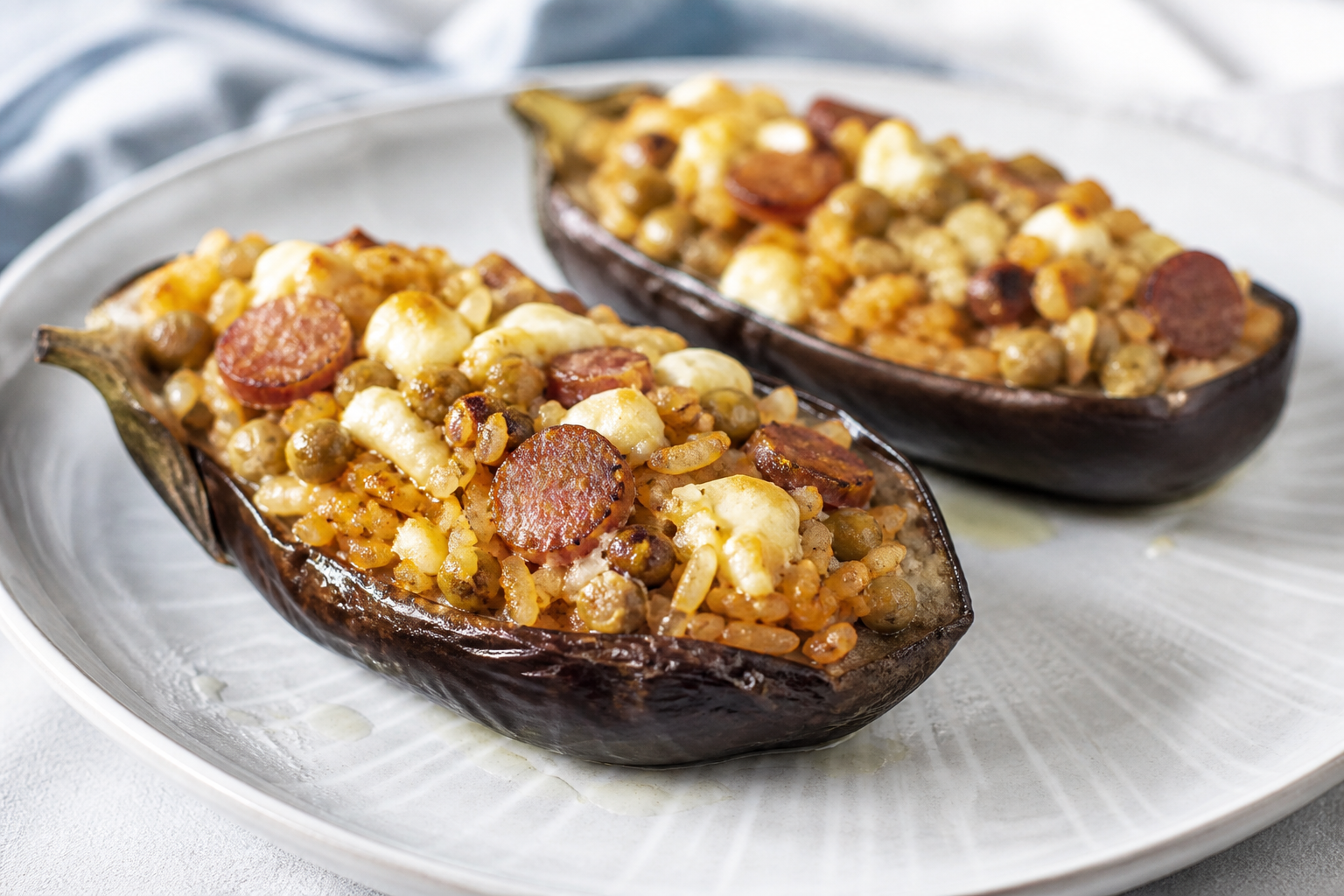 Berenjenas Asadas Rellenas de Arroz con Longaniza, Gandules y Queso Blanco