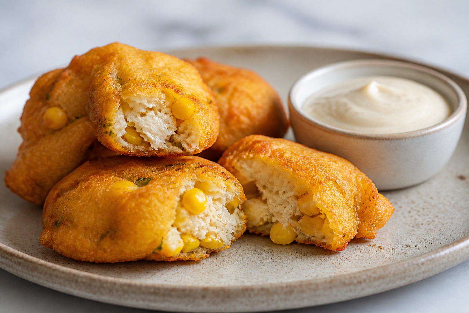 Bacalaítos Rellenos de Jueyes y Maíz con Alioli de Ajo Asado